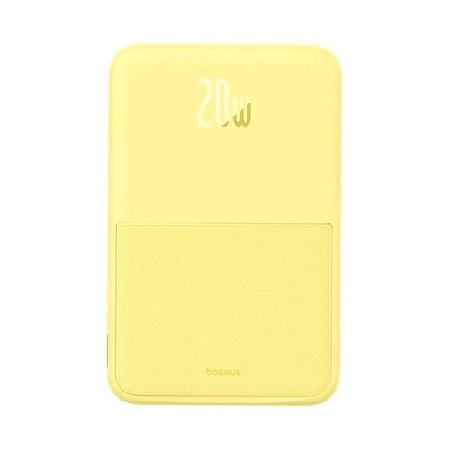Powerbank Baseus MagPro z podstawką, idealny do ładowania smartfonów jedną ręką, w kolorze żółtym.