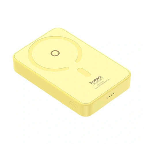 Żółty Powerbank magnetyczny z funkcją ładowania bezprzewodowego MagSafe o pojemności 5000mAh.