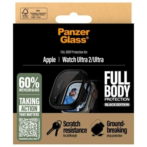 Zbliżenie na czarną nakładkę PanzerGlass Snappie na Apple Watch Ultra 2, prezentująca jej właściwości ochronne.