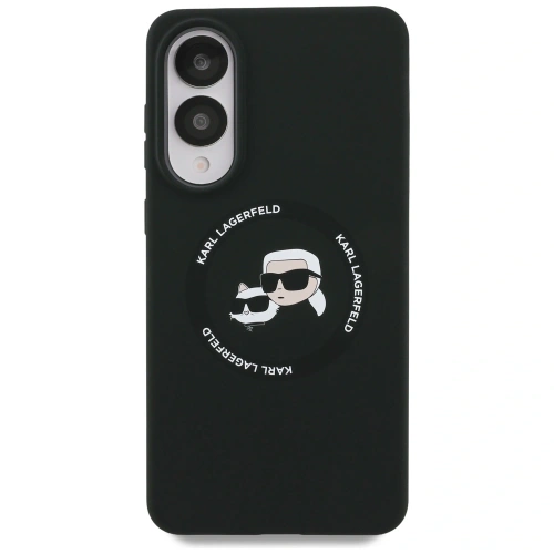 Zbliżenie na etui Karl Lagerfeld z hybrydowego materiału, ukazujące detale.