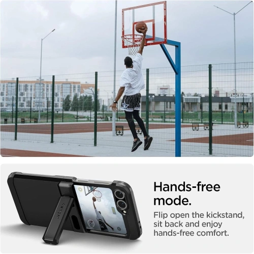 Pouzdro Spigen namontované na Samsung Galaxy Z Flip 6, ukazující dokonalé přizpůsobení.