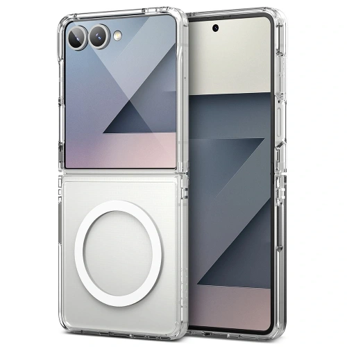 Etui Ringke Fusion zamontowane na Samsung Galaxy Z Flip 7, z widocznym logo MagSafe.