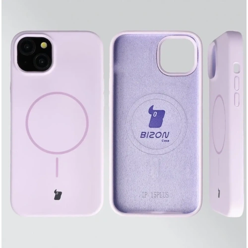 Jasnofioletowe etui Bizon Soft Case na iPhone 15 Plus z aktywowanym MagSafe.