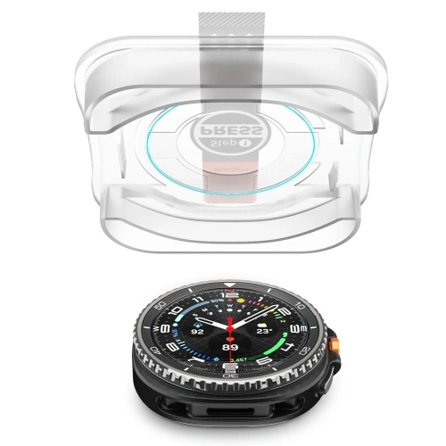 Opakowanie zawierające dwa szkła hartowane Spigen do ochrony zegarka Samsung Galaxy Watch 8 Classic.