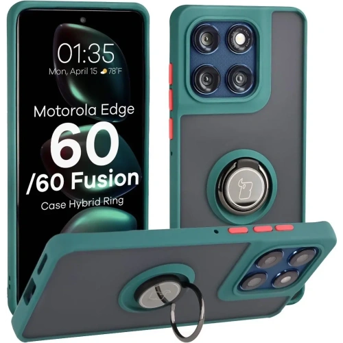 Etui Bizon Case Hybrid Ring do Motorola Edge 60 Fusion w przydymionym kolorze z ciemnozieloną ramką