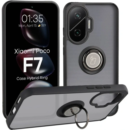 Etui Bizon Case Hybrid Ring w kolorze przydymionym z czarną ramką na telefon Xiaomi POCO F7