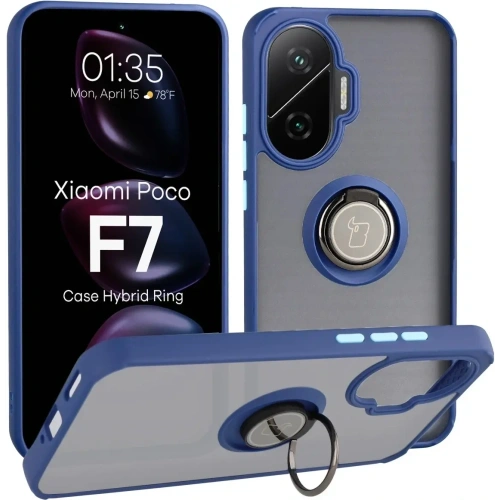 Etui Bizon Case Hybrid Ring do Xiaomi POCO F7 z granatową ramką na białym tle