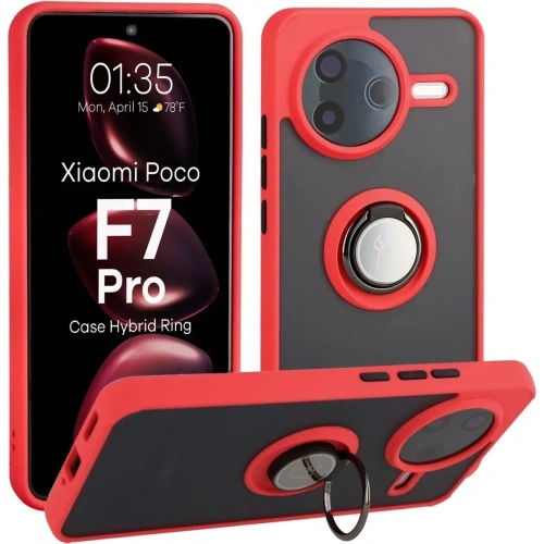 Etui z uchwytem na palec Bizon Case Hybrid Ring do Xiaomi POCO F7 Pro w kolorze przydymionym z czerwoną ramką