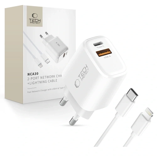 Ładowarka sieciowa Tech-Protect NCA30 w kolorze białym z dwoma portami USB-A i USB-C.
