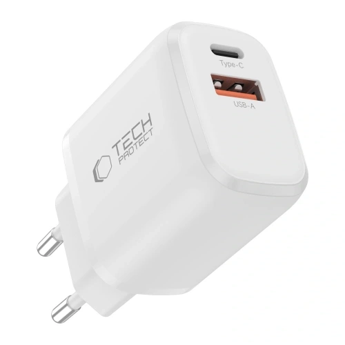 Zbliżenie na porty ładowarki Tech-Protect NCA20 USB-A i USB-C.