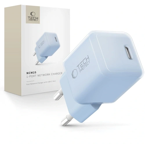 Ładowarka sieciowa Tech-Protect NCM25 w kolorze baby blue, idealna do ładowania urządzeń USB-C.
