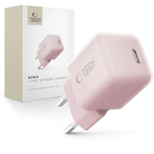 Ładowarka sieciowa Tech-Protect NCM25 w kolorze baby pink, idealna do szybkiego ładowania.
