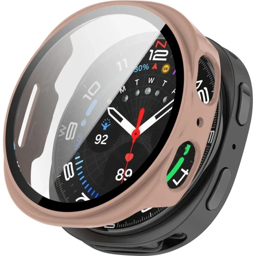 Zbliżenie na różowe etui ze szkłem, dopasowane do Samsung Galaxy Watch 8