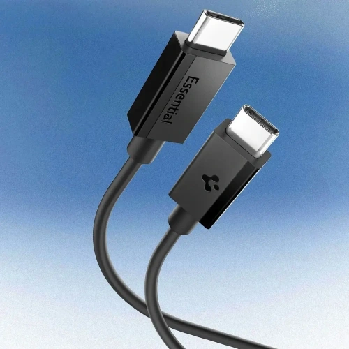 Kabel USB-C Spigen w akcji, podłączony do laptopa i smartfona.