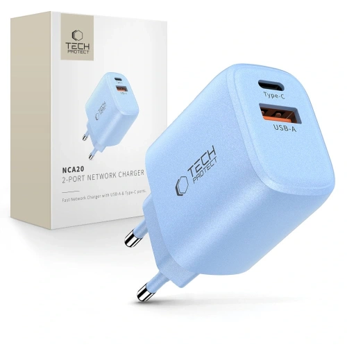 Ładowarka sieciowa Tech-Protect NCA20 w kolorze baby blue z portem USB-A i USB-C.