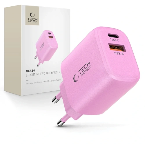 Ładowarka sieciowa Tech-Protect NCA30 w kolorze baby pink z portami USB-A i USB-C.