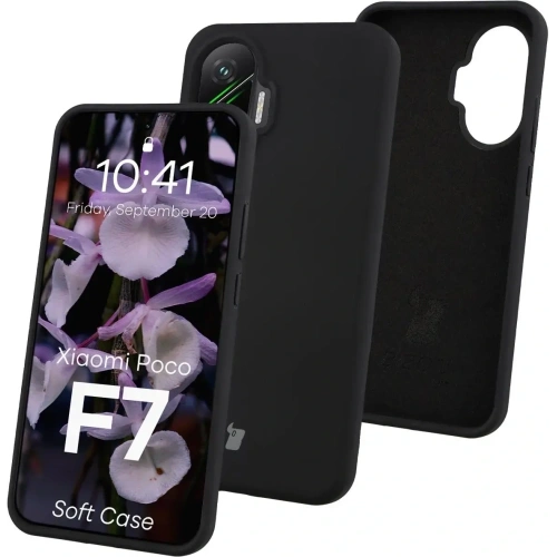 Czarne silikonowe etui Bizon Soft Case dla Xiaomi POCO F7 na tle białym
