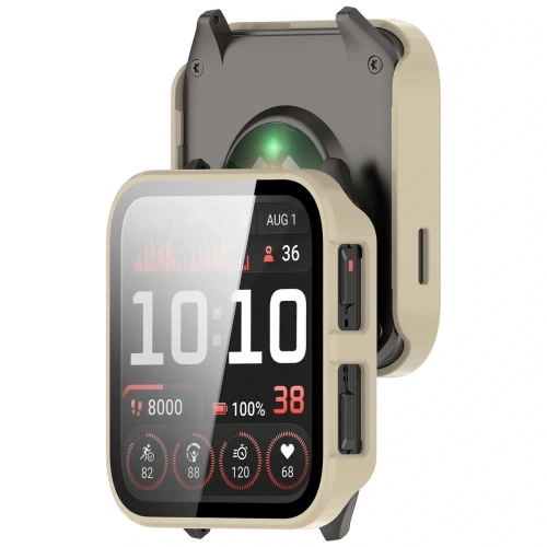 Etui Bizon Case+Glass Watch do Garmin Venu X1 w beżowym kolorze, ukazujące elegancki design.