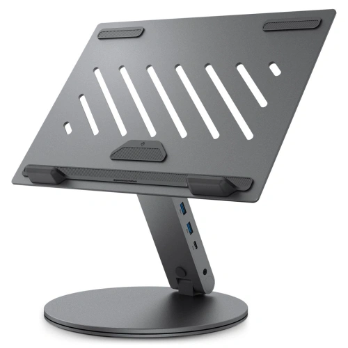 Stojak Spigen LD204H w kolorze space grey z widokiem na porty USB-C i HDMI.