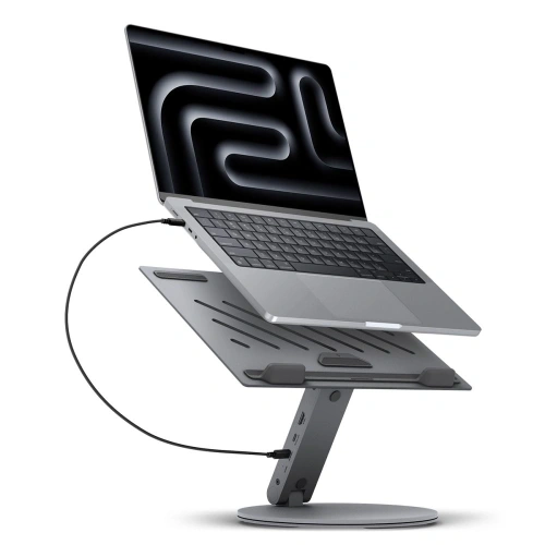 Stojak Spigen LD204H z laptopem, prezentujący ergonomiczne ułożenie.