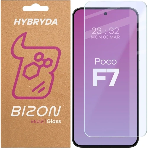 Elastyczne szkło hybrydowe Bizon Glass Mule do Xiaomi POCO F7 na tle białym.