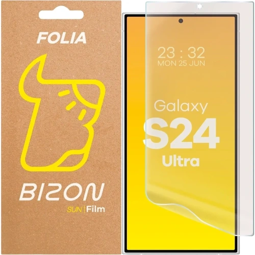 Folia matowa Bizon Glass Film Sun do Samsung Galaxy S24 Ultra na telefonie, pokazująca idealne dopasowanie.