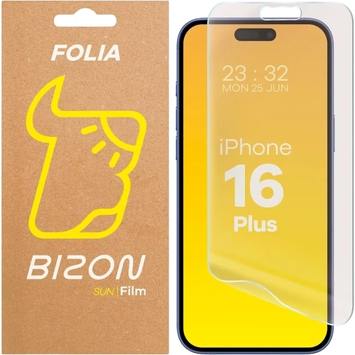 Folia matowa Bizon Glass Film Sun na Apple iPhone 16 Plus, prezentująca doskonałą ochronę ekranu.
