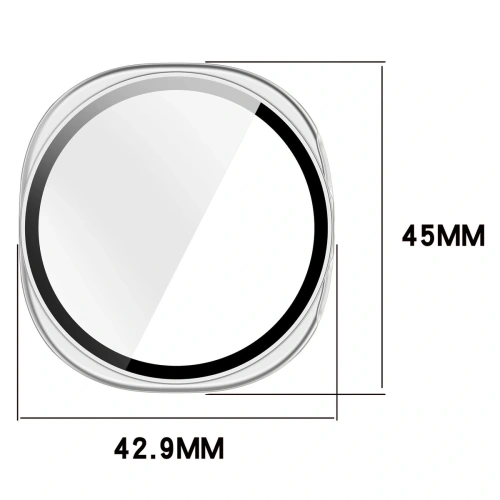 Zbliżenie na etui ze szkłem, idealnie dopasowane do zegarka Galaxy Watch 8.