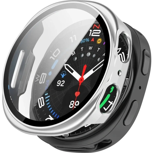 Etui Bizon Case+Glass w satynowym srebrze, podkreślające styl Samsung Galaxy Watch 8.