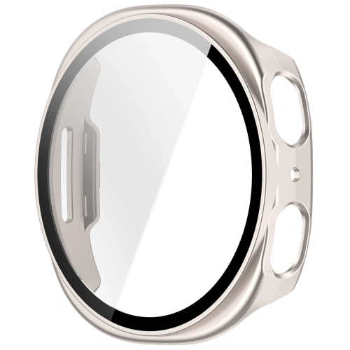 Etui Bizon Case+Glass Watch w eleganckim szampańskim odcieniu na tle białym
