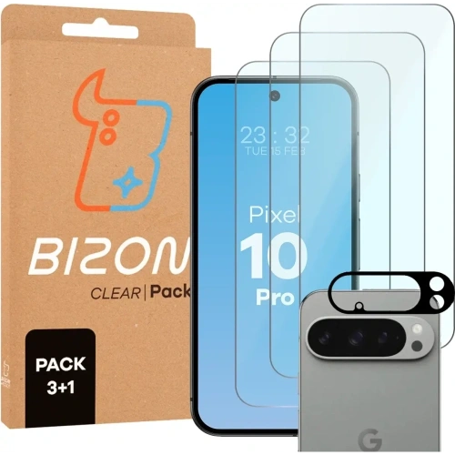 Szkło na ekran Bizon Glass Clear Pack dla Google Pixel 10 Pro z bliska, pokazujące wysoką przezroczystość.