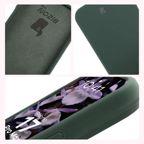 Etui Bizon Soft Case w ciemnozielonym kolorze w ręku użytkownika
