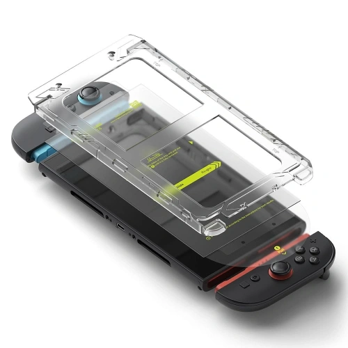 Szkło hartowane Ringke z ramką montażową, ułatwiające aplikację na ekran Nintendo Switch.