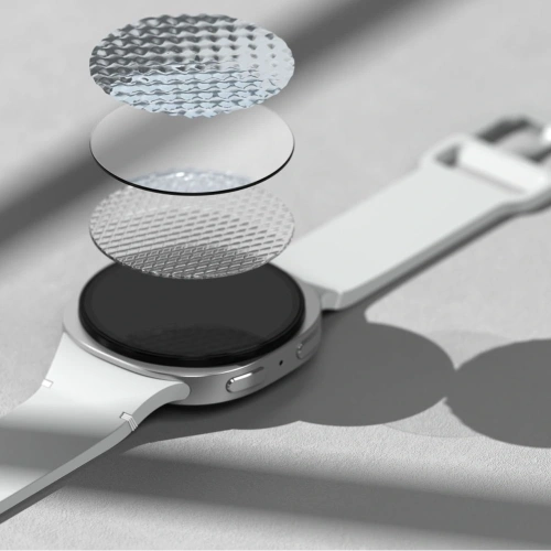 Instalacja szkła hartowanego Ringke na Samsung Galaxy Watch 8, z ramką montażową.