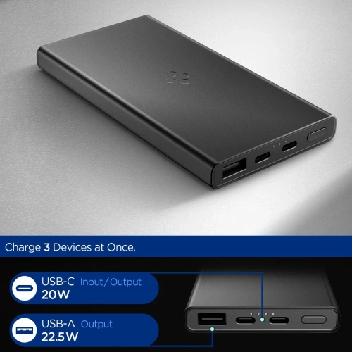 Zbliżenie na powerbank Spigen 10000mAh z przewodem 1m w zestawie.