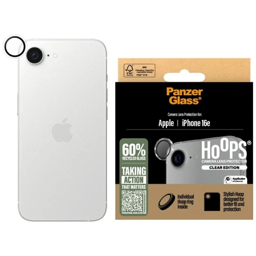 Szkło hartowane PanzerGlass Hoops Lens Protector na obiektyw iPhone 16e, przezroczyste i wytrzymałe.