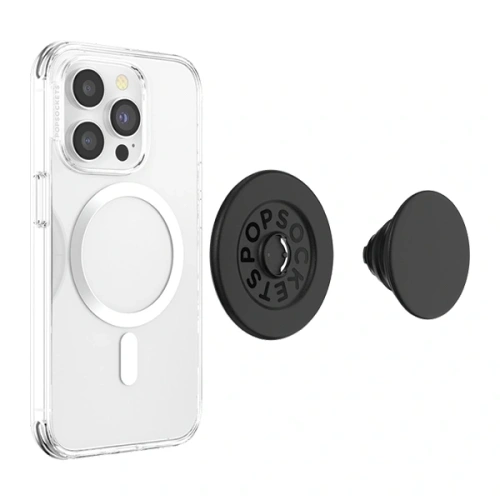 Czarny uchwyt do telefonu POPSOCKETS PopGrip MagSafe 2 na jasnym tle, podkreślający jego kolor.