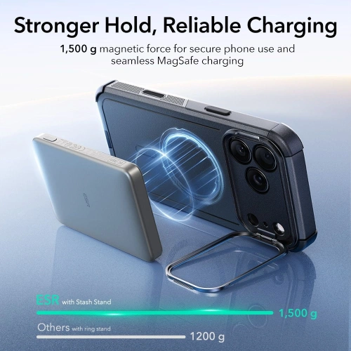 Etui ESR Cyber Kickstand zamontowane na Apple iPhone 17 Pro w codziennym użyciu