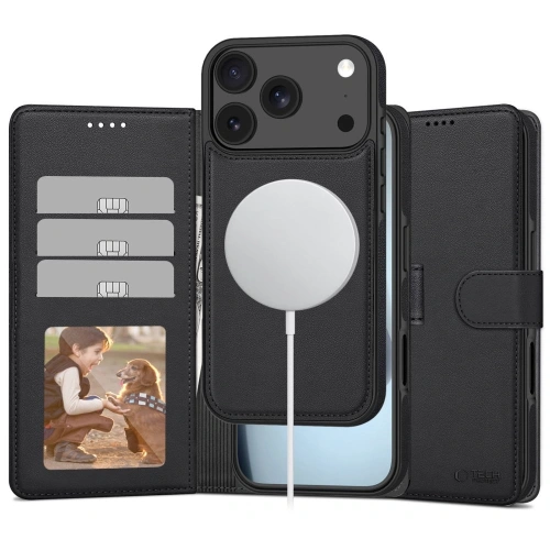 Etui z klapką Tech-protect Wallet MagSafe w kolorze matte black, idealne do Apple iPhone 17 Pro.