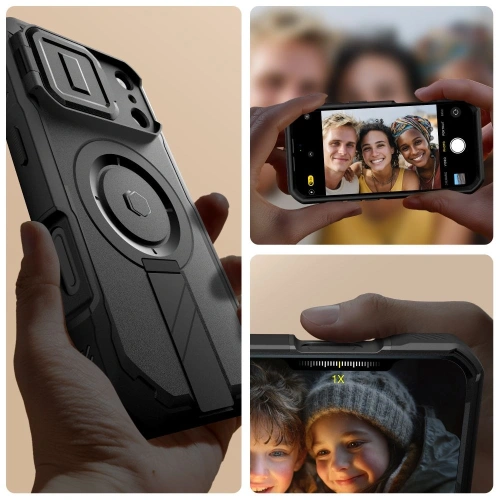Etui z podstawką Tech-Protect Kevlar w użyciu, trzymające telefon w pionie