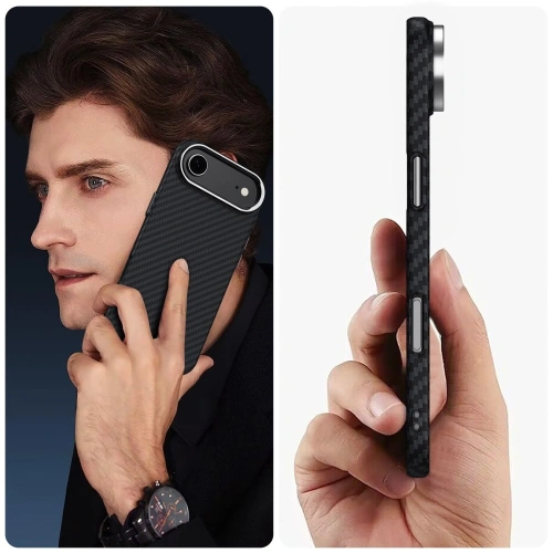 Etui Tech-Protect Ion Carbon MagSafe zamontowane na Apple iPhone Air w kolorze czarnym.