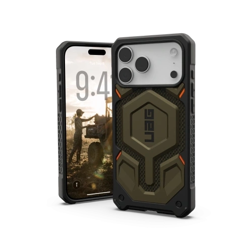 Etui UAG Monarch Pro w kolorze zielonym, idealnie dopasowane do iPhone 17 Pro Max z technologią MagSafe.