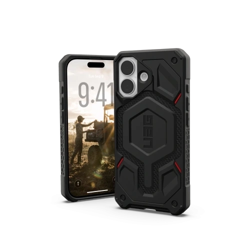 Etui UAG Monarch Pro w kolorze kevlar black, idealnie dopasowane do iPhone 17 z systemem MagSafe.