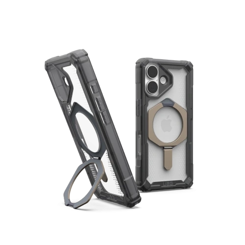 Etui UAG Urban Armor Gear Plasma XTE w kolorze ash/titanium, z widoczną podstawką i hybrydowym materiałem.