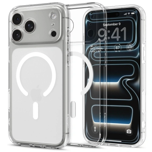 Zbliżenie na etui Spigen Ultra Hybrid MagSafe, ukazujące hybrydowy materiał