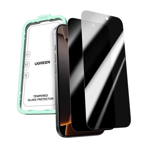 Szkło hartowane prywatyzujące Ugreen SP1155 do iPhone 17 Pro, zestaw 2 sztuk z ramką montażową i wysoką odpornością na zarysowania.