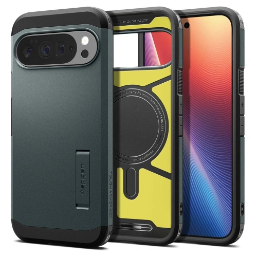 Zielone etui Spigen z hybrydowego materiału, idealnie dopasowane do telefonu