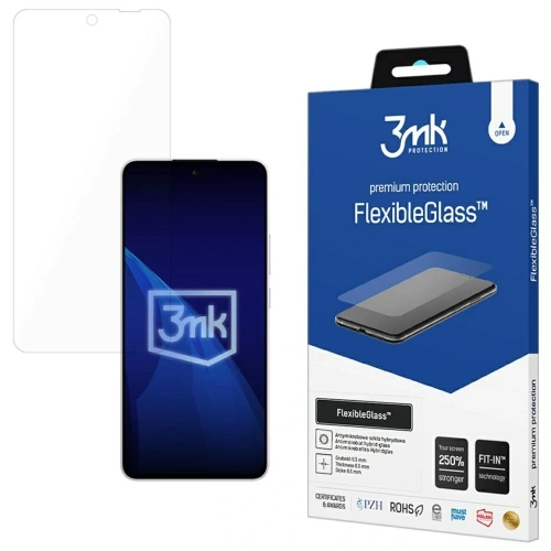 Szkło hybrydowe 3MK FlexibleGlass do Oppo Reno 13F, ukazujące odporność na zarysowania i zestaw do łatwej aplikacji.