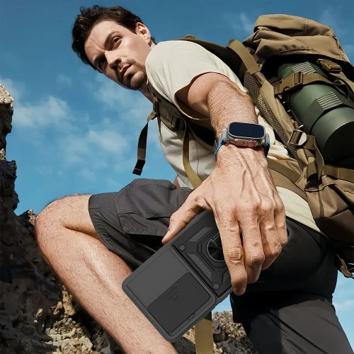 Zbliżenie na teksturę etui Tech-Protect CamShield Pro, ukazujące jakość materiału.