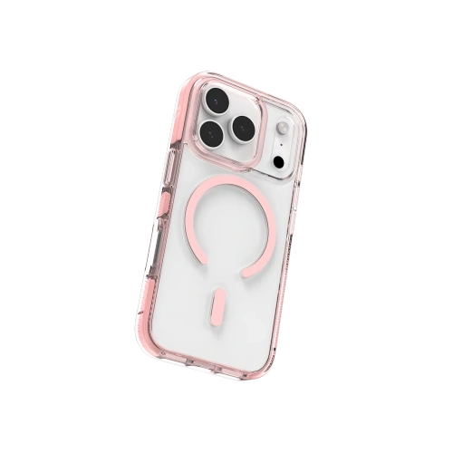 Stylowe etui ZAGG Santa Cruz Snap w odcieniu pink sorbet, zamontowane na Apple iPhone 17 Pro.